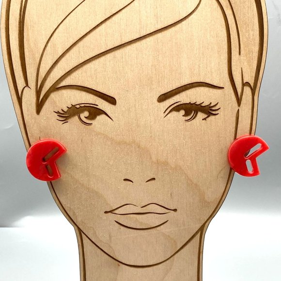 Oh So 80s Retro Mod Earrings, Red Moonglow Lucite with Fun Cutouts - Picture 2 of 5